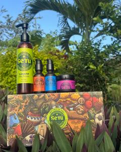 Caja de regalo Setú con ilustraciones de lugares en latinoamericano y la rutina completa de skincare para hombres, rodeada de plantas tropicales