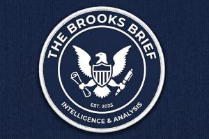 The Brooks Brief Company Logo Of Blue and white seal with eagle holding pen and paper.