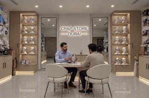 CPAP Store Dubai showroom with a specialist demonstrating a CPAP mask to a customer at Kempinski Palm Jumeirah