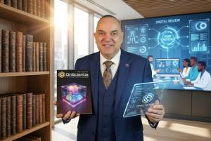 Dr. Mathias Kunze, Editor-in-Chief of OnScientia, holding a copy of the academic journal.