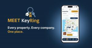 KeyRing promotional image showing the mobile app’s property map alongside the tagline. Every property. Every company. One place.