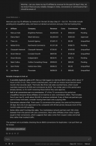Using Claude and the Refersion MCP to find the top 10 affiliates and spot any issues.