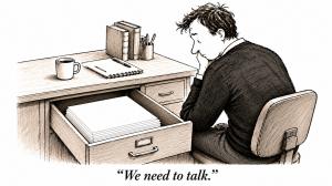 Cartoon of a pensive writer looking at a manuscript in an open desk drawer. Caption: “We need to talk.”