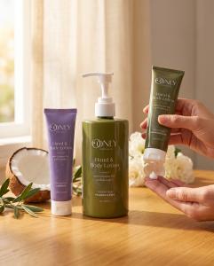 Three Oonly Organic Hand & Body Lotions on a wooden table in warm window light: a purple Lavender tube, a large olive-green Fragrance Free pump bottle, and an olive-green Fragrance Free tube being squeezed into an open palm. A halved coconut, olive branch