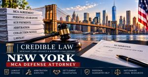 Credible Law New York MCA defense attorney graphic featuring the Brooklyn Bridge, Manhattan skyline, legal gavel, merchant cash advance agreements, and New York court summons.