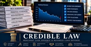 Credible Law merchant cash advance attorney graphic showing declining business revenue, MCA agreements, personal guarantees, lawsuit documents, and legal defense options.