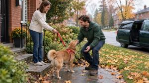 A homeowner hands a dog's leash to a driver at the front door of a Toronto home in autumn.
