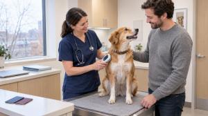 A veterinarian scans a calm dog's microchip while its owner stands beside the exam table.