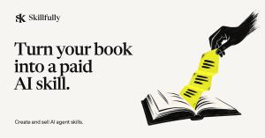 Skillfully’s logo beside the words “Turn your book into a paid AI skill,” with an ink-drawn hand lifting a citron sheet of instructions from an open book.