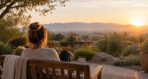 Person sitting on a garden bench in the morning sun, reflecting during residential treatment for alcohol and drug addiction