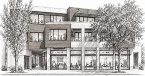 Pencil-style architectural sketch of 4115 El Camino Real showing a potential coffee house on the left, Pilates studio on the right, and figures upstairs.