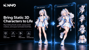 Promotional graphic showing a static anime-style 3D character beside an animated pose, with a four-step Animate workflow.