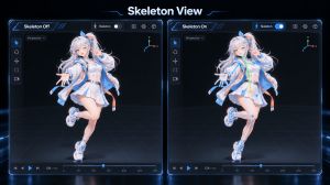 Side-by-side character viewer illustrations compare Skeleton View off and on, with bones and joint markers visible in the right panel.