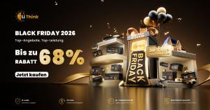 Deutsches Black-Friday-Kampagnenmotiv von LiThink mit Batterien, Ladegeräten und Wohnmobilmodell.