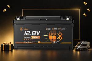 LiThink 12V 140Ah H190 Smart im deutschen Black-Friday-Motiv mit Campermodell.