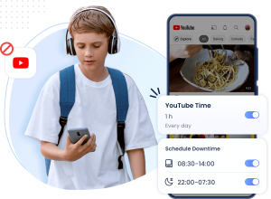 AirDroid Parental Control showing YouTube activity and keyword alerts for a linked account on iOS.