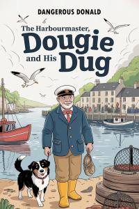 Illustrated cover of The Harbourmaster, Dougie and His Dug by Dangerous Donald, featuring a harbourmaster and his Border Collie beside fishing boats in a Scottish coastal harbour.