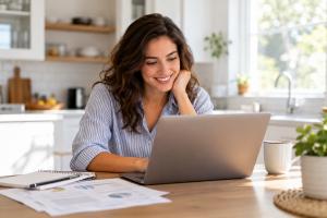A person at a kitchen table reading a divorce finances report on a laptop, for the Family Law Service AI Barrister Review