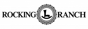 Black-and-white Rocking L Ranch logo featuring bold serif lettering and a decorative circular emblem with a stylized letter “L” in the center.