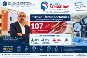 Dr. Mohana Rao Patibandla at Dr. Rao’s Hospital in Guntur, highlighting 107 stroke thrombectomy patients and 90-day outcomes for World Stroke Day 2026.