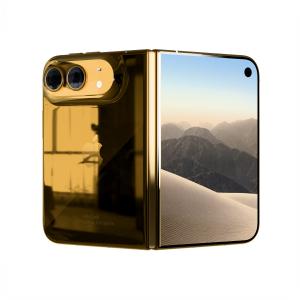 24K gold iPhone Duo by Goldgenie, Apple's foldable iPhone shown half open with a polished gold back, gold camera surround and "24k Gold Customised by Goldgenie" engraving