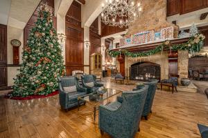 hotel lobby decorated for Christmas