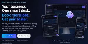 Official OptimusDesk website mockup showing the workspace on a desktop monitor, tablet and phone with Pip, its AI assistant.