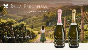 Bella Principessa Prosecco DOC Brut and Rosé Brut ceramic-painted bottles in an Italian vineyard