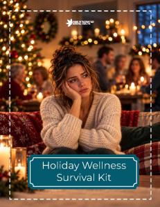 Woman sitting alone and looking distressed with her hand on her cheek during a festive holiday gathering, with a Christmas tree, lights, candles, and celebrating people in the background – AXIS Integrated Mental Health Holiday Wellness Survival Kit.