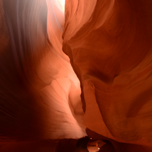 Sunlight filtering through the narrow sandstone passages of Antelope Canyon in Page, Arizona, illuminating curved canyon walls in vibrant shades of orange and red.