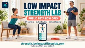 Low Impact Strength Lab public beta announcement showing a woman doing a chair sit-to-stand, a man lifting dumbbells and a phone displaying exercise illustrations.