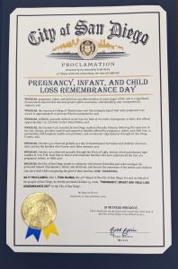 The San Diego City proclamation announcing October 15th as Pregnancy, Infant and Child Loss Awareness Day and celebrating the International Wave of Light