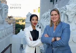 Sans Thakur (left) and Angela Ruggiero (right), Co-Founders of TOWER SPORTS, standing together on a New York City terrace