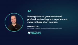 Quote card with headshot of Derek Sadubin and his quote about Academy for Travel courses
