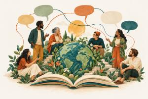 Illustration of people conversing around a globe and an open book, with connected speech bubbles representing communication across languages.