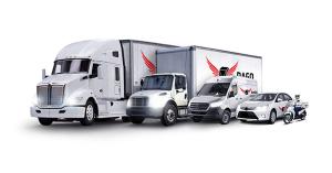 Semi truck, box truck, cargo van, car and motorbike with DAGO Express branding