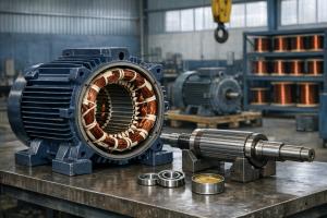 A rewound three-phase motor stator with new copper windings beside its rotor and fresh bearings on a workbench in a Germiston motor repair workshop.
