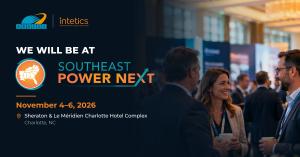 Promotional banner featuring Abacus Solutions and Intetics logos, announcing their participation in Southeast Power NEXT 2026 in Charlotte, NC, with a business networking scene.