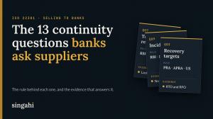 Title card reading The 13 continuity questions banks ask suppliers, with question cards for testing, incidents and recovery targets