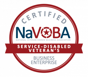 Official NaVOBA Certified Service-Disabled Veteran's Business Enterprise seal featuring the NaVOBA logo, a red certification border, and a red Service-Disabled Veteran's banner.