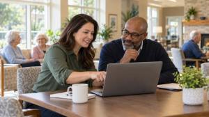 Two people reviewing information on a laptop in a senior living common area.