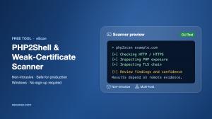 eScan PHP2Shell scanner preview showing a command-line scan of example.com checking HTTP/HTTPS, PHP exposure and the TLS certificate chain