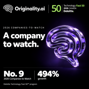Originality.ai and Deloitte Technology Fast 50 2026 logos with a purple glass brain, No. 9 Companies-to-Watch ranking and 494% growth.