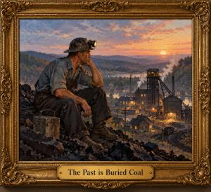 Norman Rockwell-style painting titled “The Past Is Buried Coal,” featuring a hidden cryptic clue in Larry M. Weiner’s interactive mystery, Anne Manx and the Shadow of Doubt.