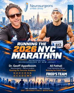 2026 NYC Marathon graphic featuring Dr. Geoff Appelboom running for Success Academy and Ali Fathali running for Fred’s Team, representing Neurosurgeons of New Jersey.