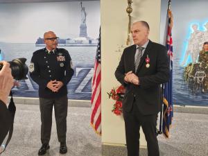 Alpha Funds Ben Till, retired Wing Commander, being pinned with the Legion of Merit by Chief Master Sergeant of the Space Force John F. Bentivegna