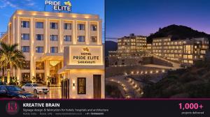 Signage by Kreative Brain: Hotel Pride Elite Shravasti, Uttar Pradesh (left), and Lemon Tree Hotel, Kumbhalgarh, Rajasthan (right).