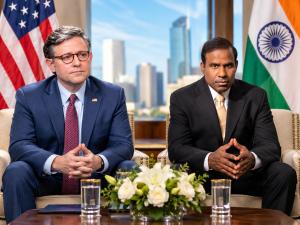 Speaker Mike Johnson and Dr. K. A. Paul seated together during a diplomatic discussion, with the U.S. and Indian flags displayed behind them.
