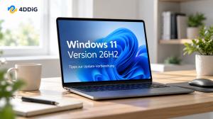 PR-Motiv von 4DDiG: Ein Laptop zeigt Windows 11 Version 26H2 und den Hinweis „Tipps zur Update-Vorbereitung“.