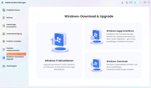 Screenshot von 4DDiG Partition Manager mit den Optionen „Windows 11 aktualisieren“, „Windows zügig installieren“ und „Windows-Download“.